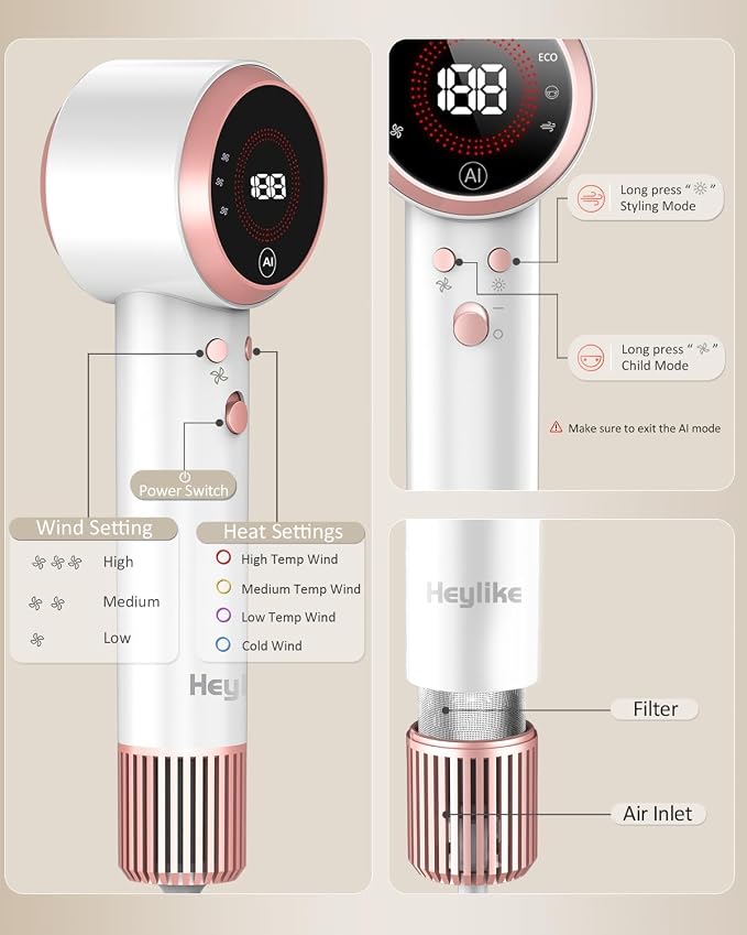 Hair Dryer - Smart 160000 RPM High-Speed Brushless Motor Plasma Ion AI Blow Dryer with Diffuser for Fast Drying, Professonal 4Temp/3Speed Thermo-Control Lightweight AI Hairdryer for Women Men Travel