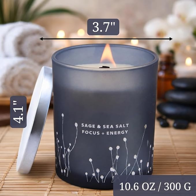 White Sage Sea Salt Wood Wick Soy Scented Candle, 10.6 oz | Sage Candle for Cleansing House | Aromatherapy Energy Cleansing Candle for Home, Meditation, Clean Burning Long Lasting
