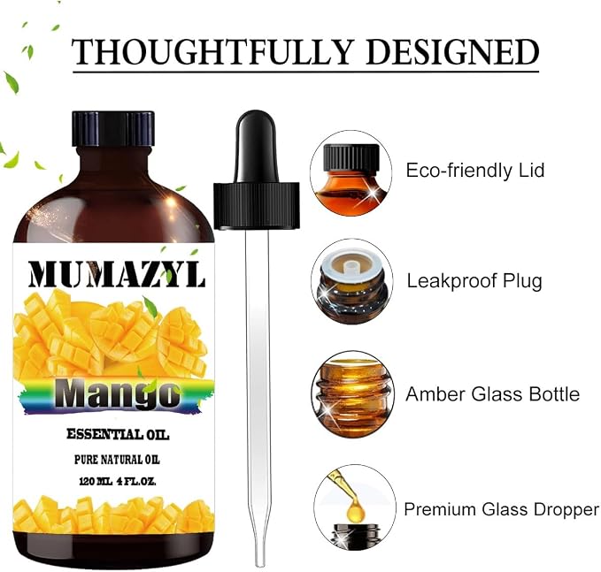 Mango Essential Oil, Mango Oil 4 Fl Oz 120ML for Diffuser Humidifier Yoga Cleaning DIY Candle Soap Making MUMAZYL Essential Oils
