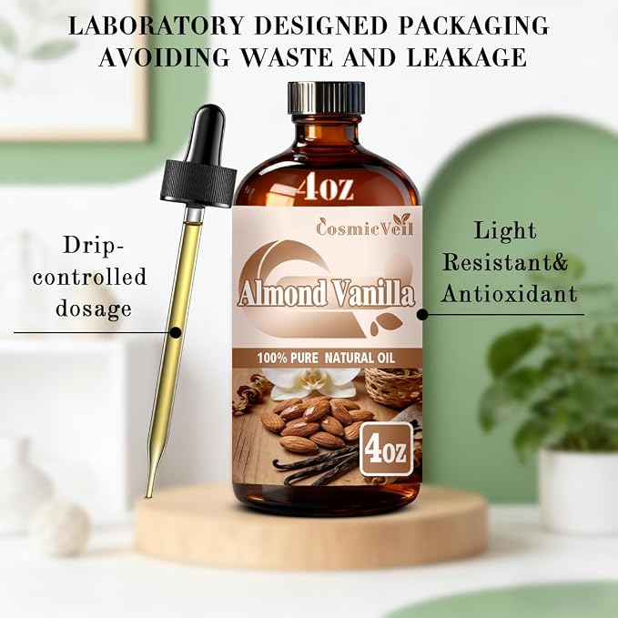 Almond Vanilla Essential Oil Almond Vanilla Oil for Aroma Diffuser,Humidifier,Home Fragrance,Cleaning,Body Care,Massage,Yoga,DIY Candle,DIY Soap CosmicVeil（Almond Vanilla，4 Fl Oz (Pack of 1)）