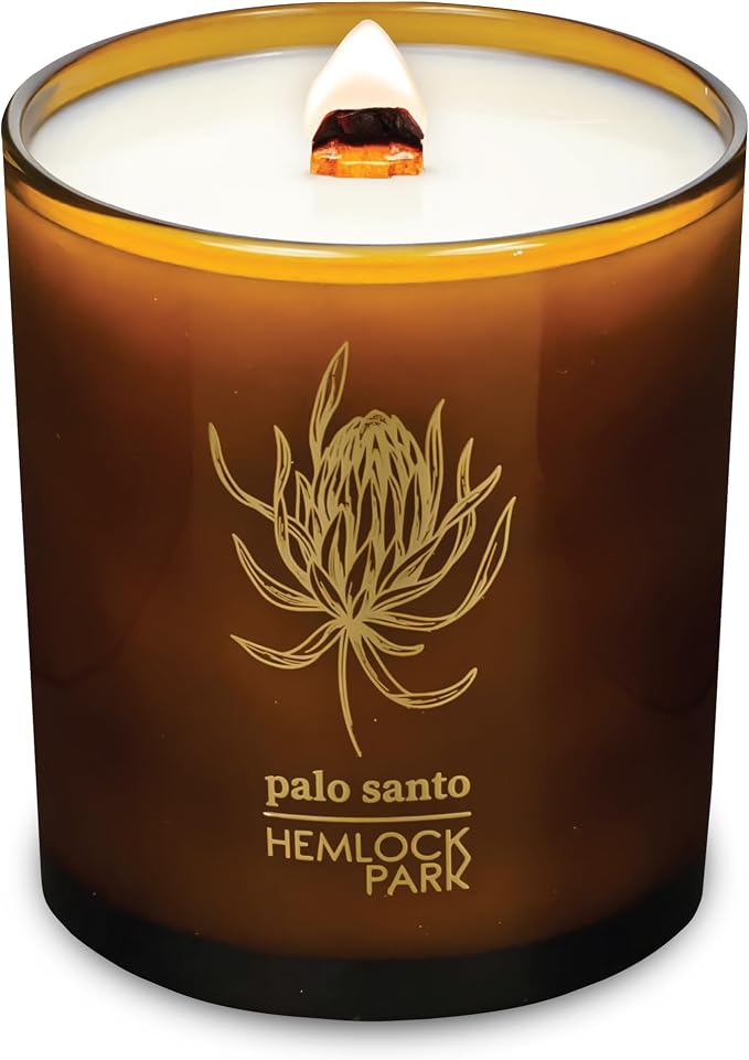 Hemlock Park Palo Santo Amber & Gold Scented Candle | Crackling Wood Wick, Botanical Fragrance & Coconut Apricot Wax | Up to 70 Hour Burn Time | 14 oz | Made in USA