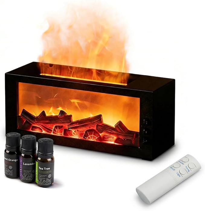 Essential Oil Diffuser,Fireplace Diffusers with 3 Essential Oils Set,Color Flame Aroma Diffuser with Remote Control,300ml Small Humidifier for Home Room Decor Gift for Women (Black)