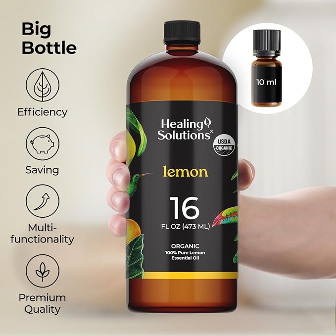 Healing Solutions Organic Lemon Essential Oil Bulk, 16 oz - Diffuser Oil, for Candle Making, for Household Cleaning - Large Bottle