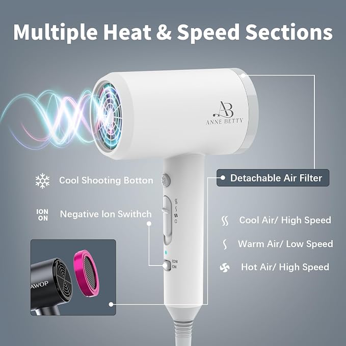 ANNE BETTY Hair Dryer with Diffuser for Curly Hair, 1800W Ionic Blow Dryer for Women & Men, Fast-Drying, Lightweight, Low Noise, Hair Care Styling Tool for Home, Travel