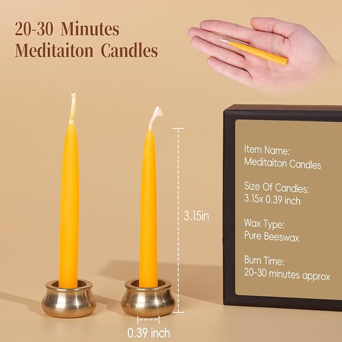 20 Minute Beeswax Meditation Candles, 40 Pack Dripless Beeswax Candles with Brass Candle Holders, Prayer Candle Gift for Yoga Relaxation