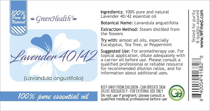 Lavender 40-42 Essential Oil – 16 fl oz (473 ml) Aluminum Bottle w/Plug Cap – 100% Pure Essential Oil – GreenHealth