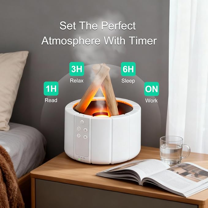 Campfire Flame Diffuser for Essential Oils, 250ml Ultrasonic Cool Mist Aromatherapy Humidifier with Remote Control, 7-Color LED Lights, Timer & Auto-Off for Home, Office & Bedroom (White)