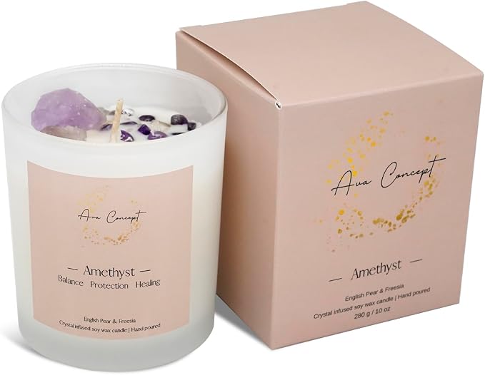 AvaConcept Amethyst Crystal Candle – 10oz / 280g | English Pear & Freesia Aromatherapy | Hand-Poured Soy Wax | Genuine Healing Crystals Embedded | Balance, Protection & Healing | Gift Box Included