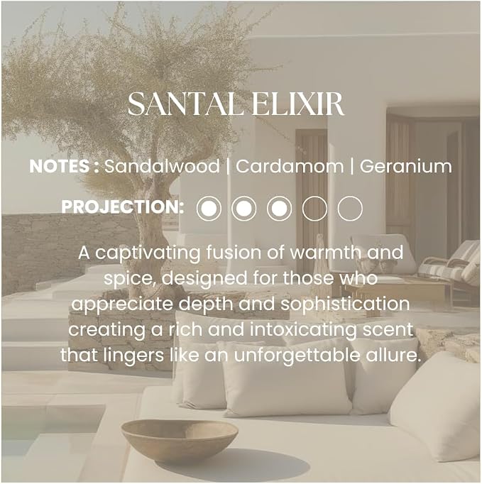 Hotel Inspired Home Perfume Collection - Santal Elixir Scent - Premium Essential Oil Blend for Diffusers (150mL / 5.1 Fl Oz) Aroma with Sandalwood, Cardamom, Geranium | Long-Lasting, Made in USA