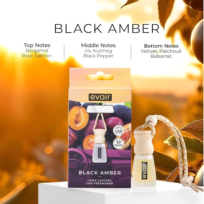 Evair Car Air Freshener | Hanging Air Freshener Car Diffuser | Long Lasting Scents made with Essential Oil | Alcohol Free (Black Amber)