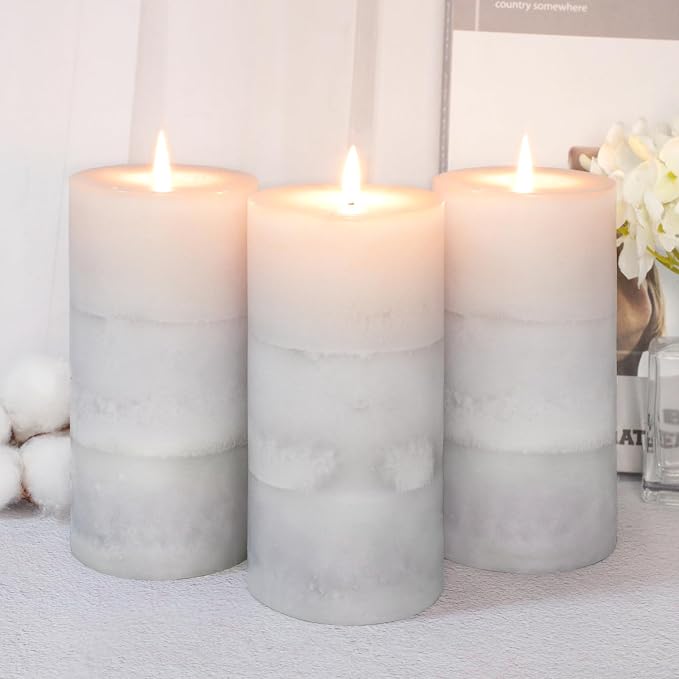3x6 inch Pillar Candles Cozy Cotton Scented Set of 3 Gray White Layered Mottled Aromatherapy Candles for Weddings Home Wall Shelf Decorations Yoga Spa Dinner Table