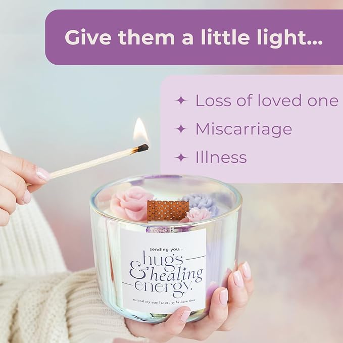 Sympathy Gifts for Loss of Loved One – Hugs and Healing Energy Sympathy Candle, 12oz Crackling Wood Wick Candle with Natural Soy Wax, Memorial & Grief Gift, Get Well Soon Gift