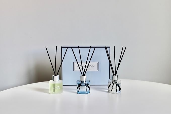 Reed Diffuser Set of 3 | Aromatherapy Fragrance Oil | 12 Sticks and 6 Rattan Balls, 3 x 50ML | Home, Office, Bathroom, Bedroom Essentials (Eucalyptus, Jasmine, Lemongrass, Sky Blue)