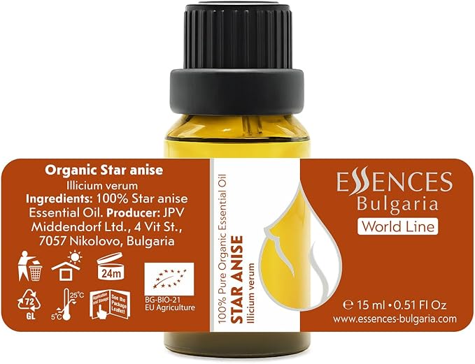 Essences Bulgaria Organic Star Anise Essential Oil 0.51 Fl Oz | 15ml | Illicium verum | 100% Pure | Natural | Undiluted | Therapeutic Grade | Aromatherapy | Cosmetics | Cruelty Free | Non-GMO | Vegan