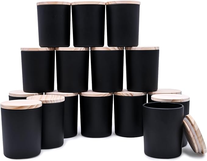 SHOWIN Thick Candle Jars for Making Candles 16 Pcs, 7 OZ Empty Jars with Wood Lids for Candle Making, Sample Container, Matte Black