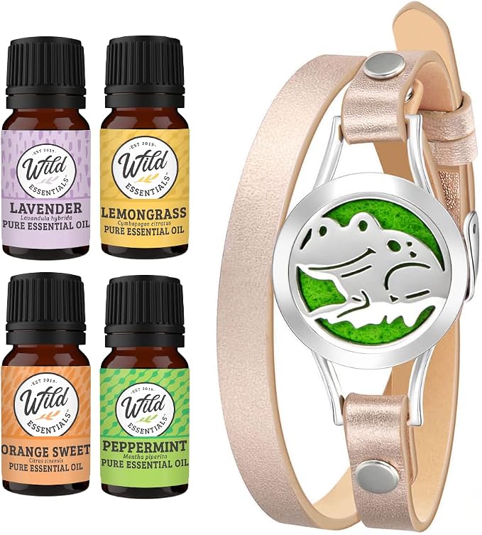 Wild Essentials Happy Frog Essential Oil Leather Wrap Bracelet Diffuser Kit, Gift Set, Lavender, Lemongrass, Peppermint, Orange Oils, 12 Pads, Customizable Color Changing Perfume Jewelry, Aromatherapy
