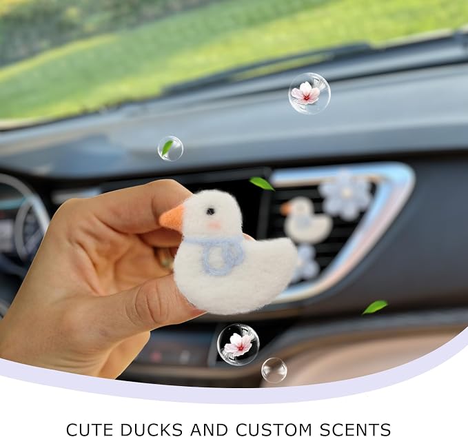 ORIESSE Cute Car Accessories,Duck Flower Air Vent Clips,Handmade Wool Felt Aroma Diffuser,Refillable Girly Car Air Freshener,3pcs White Blue Car Decor