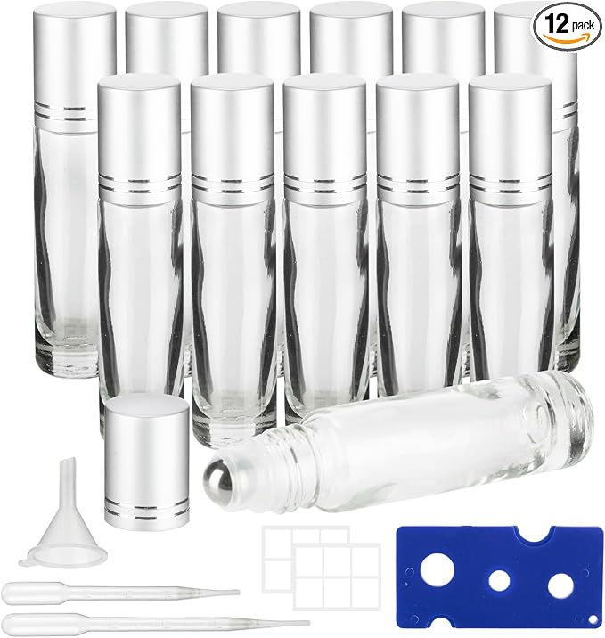 10ML Essential Oil Roller Bottles, 12 Pack Clear Oil Roller Bottles for Essential Oils, Roll on Bottle with Stainless Steel Balls(12 Labels, Opener, Funnel, Dropper Included)
