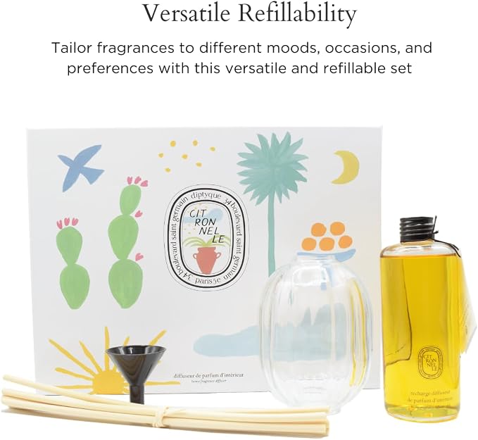 Diptyque Citronelle (Lemongrass) Reed Diffuser Gift Set:: Glass Vessel, Six Rattan Reeds, Diffuser Oil 6.8 oz