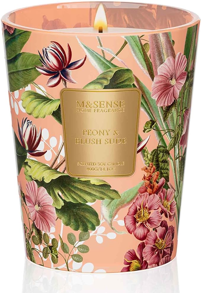 M&SENSE Peony Blush Sude Natural Soy Scented Candle, 14.1oz 60H Non-Toxic Slow Burning Candle, Summer Unique Floral Perfect Present for Women