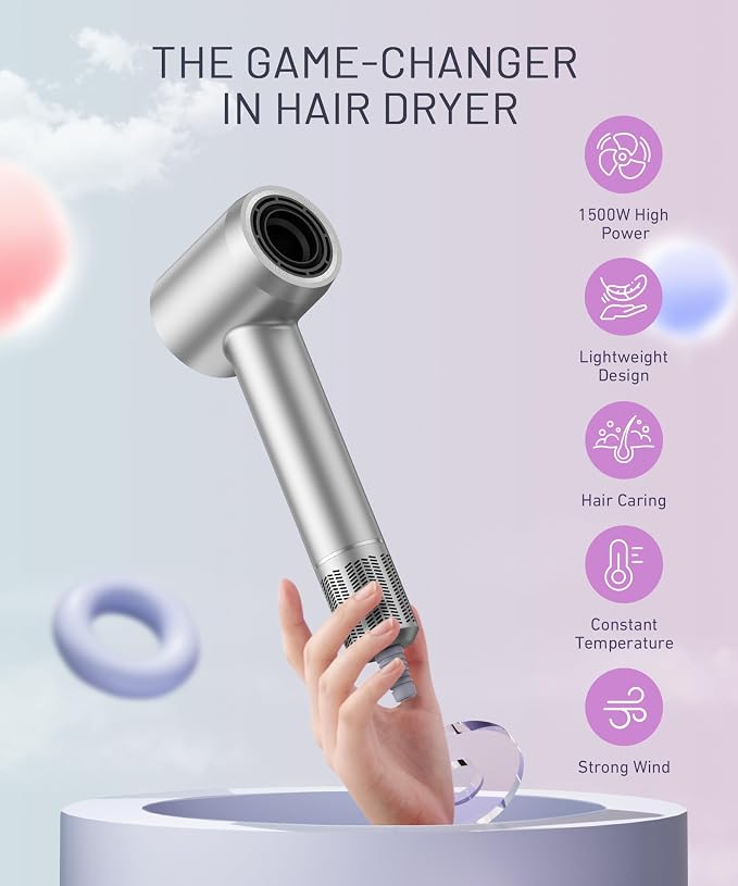 Cosy Companions High-Speed Ionic Hair Dryer, 150000 RPM Brushless Motor for 2-5Min Fast Drying, Low Noise Blow Dryer Reduces Frizz & Heat Damage, Lightweight Hair Dryer with Diffuser & Nozzle, Silvery