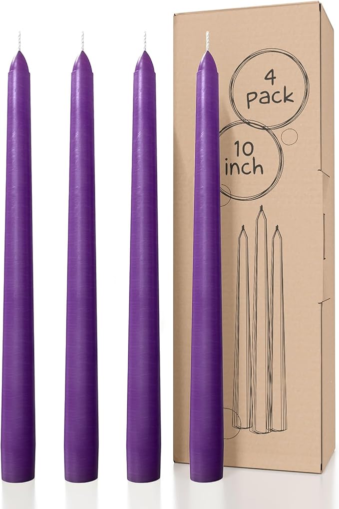 CANDWAX Purple 10 inch Taper Candles Pack of 4 - Unscented Smokeless Dripless Long Burning Christmas Candlesticks - Perfect as Christmas Candle Sticks for Home Decor - Purple Taper Candles