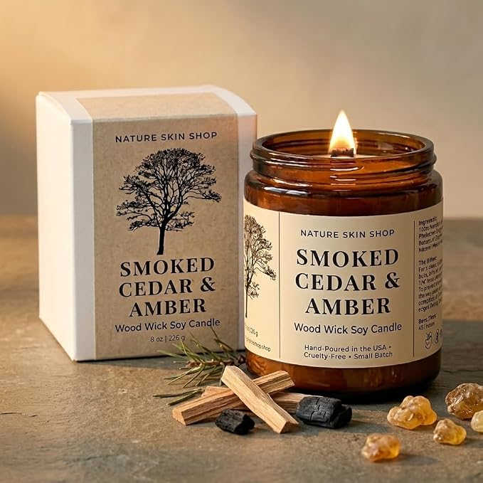 Nature Skin Shop Smoked Cedar Artisan Soy Candle Wood Wick Aromatherapy Home Fragrance Crackling Vegan 8 oz