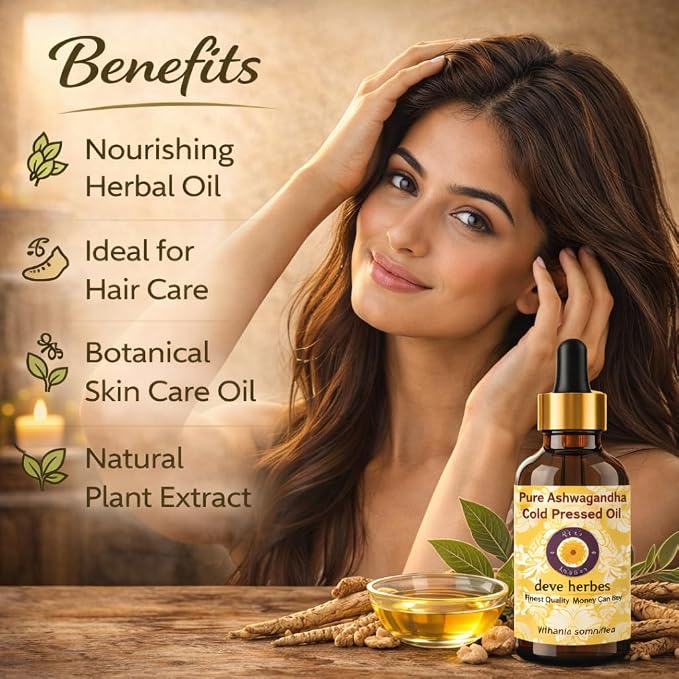 Deve Herbes Ashwagandha Oil (Withania somnifera) with Two Glass Droppers | Infused | Pure | Non-Sticky | Lightweight | for Facial Care | Men & Women | 30ml X 2 (2 oz)