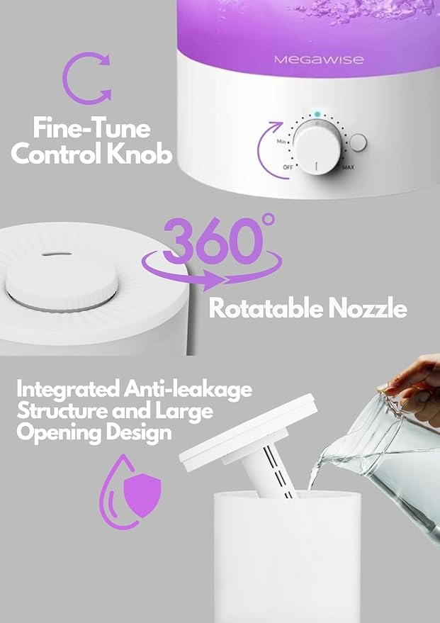 MegaWise Cool Mist Humidifiers for Babies, Bedroom, Nursery, Home and Office | Super Quiet Ultrasonic Vaporizer, Large Top-Refill 1.5L, Essential Oil Diffuser, Auto Off, Easy Clean (2 Pack)