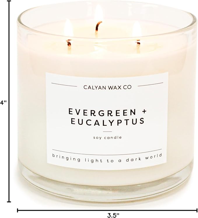 Calyan Wax Co. Evergreen & Eucalyptus 3 Wick Scented Candle - 43 Hour Burn - Luxury 3 Wick Soy Candles - Clean Soy Wax Candles - Long Lasting Large Glass Jar Candle for Home - 14.9oz
