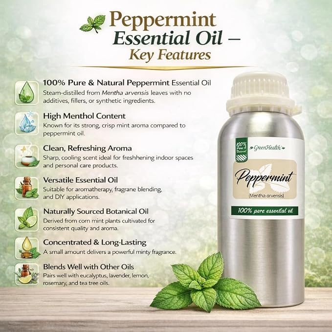 GreenHealth Peppermint Essential Oil – 16 fl oz – 100% Pure & Uncut – Steam-Distilled – Aluminum Bottle for Diffuser, Cleaning, DIY Projects