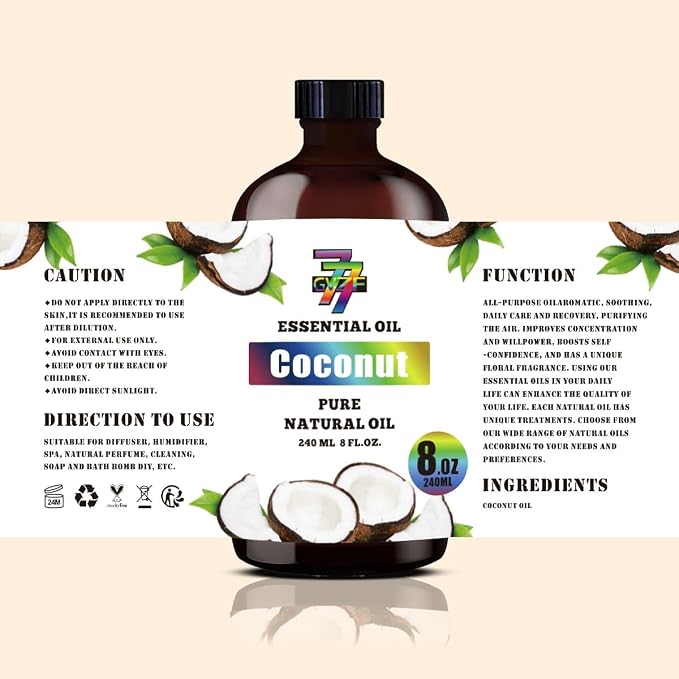 Coconut Essential Oil, Coconut Oils, for Diffuser, DIY Candles, Soap, Humidifier, Home, Gift, Essential Oil, GV77ZF Coconut Fragrance Oil - 8 fl oz (240 ml)