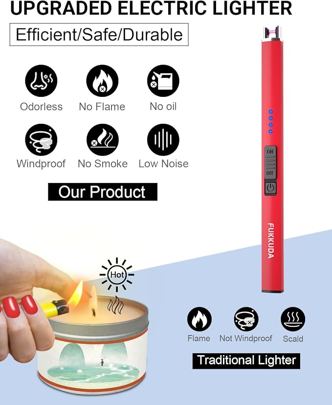 Electric Candle Lighter Rechargeable Lighters Stocking Stuffers for Women Plasma Arc Lighters Windproof & Flameless with USB Rechargeable Battery Double Safety Switch (Ruby Red)