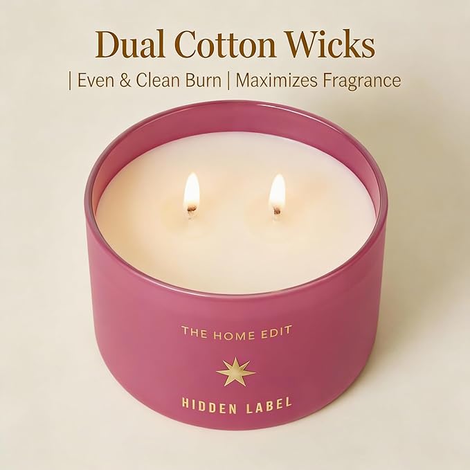 Hidden Label Raspberry Mint Pink Soy Candle, 10oz 2-Wick, 45H Clean Burn | Juicy Berry Cool Aromatherapy | Non-Toxic Vegan Phthalate-Free | Even Melt No Tunneling | Rose Frosted Reusable Gift Jar