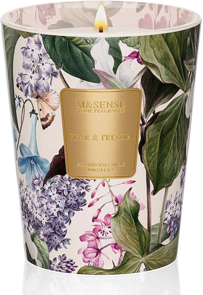 M&SENSE Pear Freesia Natural Soy Summer Scented Candle, 14.1oz 60H Slow Burning Home Decor, Aromatherapy Stress Relief Candle, Gifts for Mom