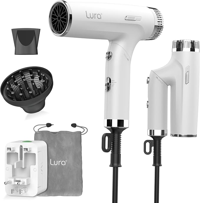 LURA Auto Dual Voltage Hair Dryer for International Travel,Travel HairDryers with Difffuser,Small Portable Blow Dryer for Women Lightweight,Compact Mini Blowdryers with Folding Hand for Kids(White)
