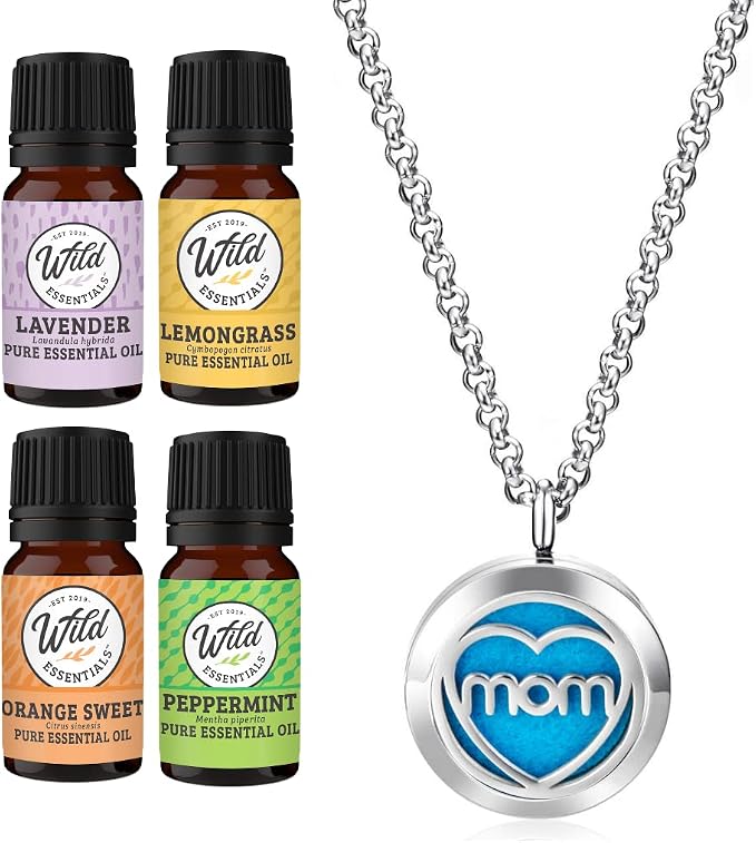 Wild Essentials MOM Aromatherapy Necklace Diffuser Includes 4 Pure Essential Oils, Lavender, Lemongrass, Orange, Peppermint - Stainless Steel Chain/Pendant, 12 Pads, Gift Set