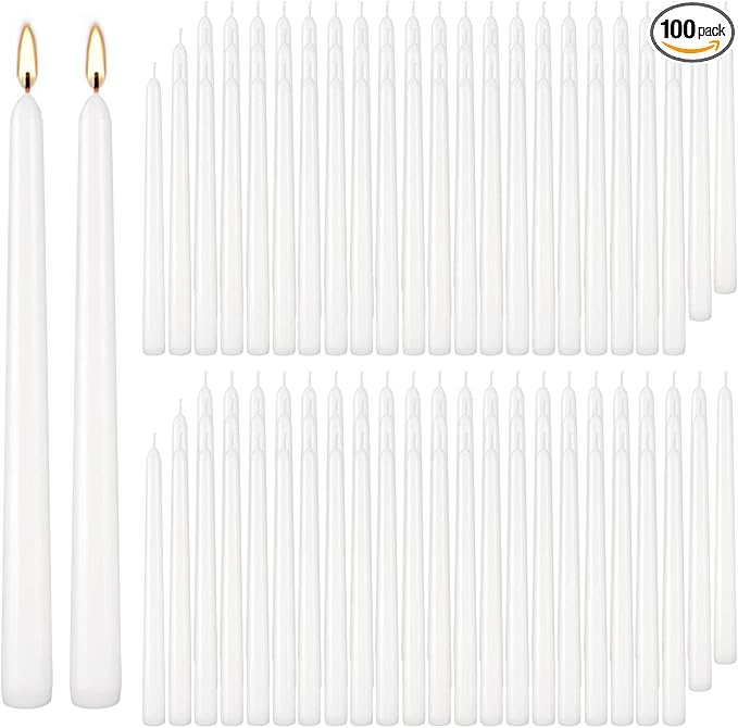 YOROXRG 100Pack White Taper Candles, 7-8 Hours Burn Time, Unscented, Smokeless and Dripless, 0.75 x 10 Inch Dinner Candle Set for Household, Wedding, Party and Home Décor Candlesticks