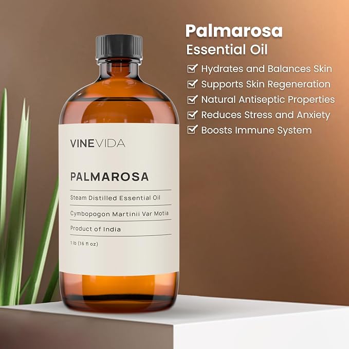 VINEVIDA Palmarosa Essential Oil - 16 oz - Undiluted - DIY Candle Scents - Bulk for Soap Making & Skin Safe