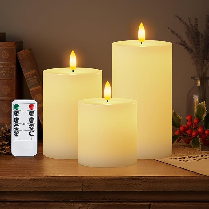 Homemory White Flameless Candles Φ 3" H456 Battery Operated with Remote Timer, Real Wax LED Pillar Candle for Home Fireplace Bedroom Living Room, Set of 3