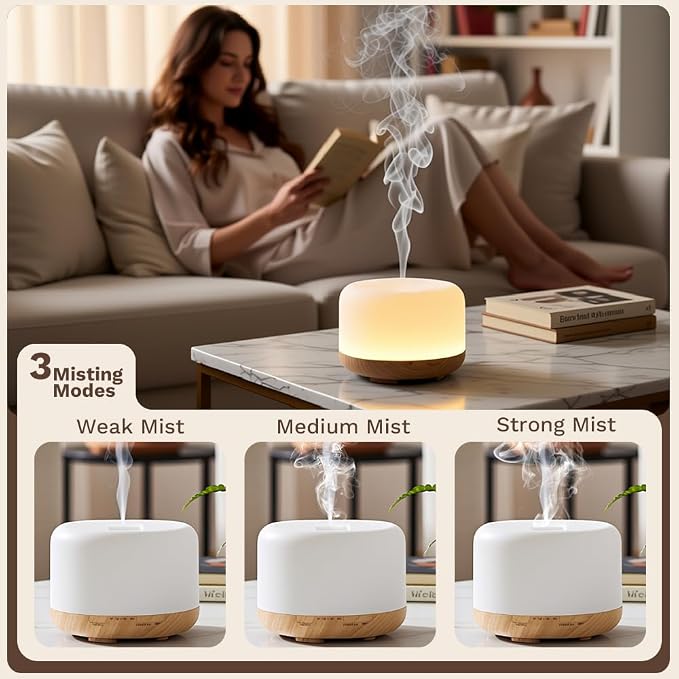 500ml Premium Essential Oil Diffuser,Quiet 4-in-1 Ultrasonic Aromatherapy Humidifier,7 Color LED Lights,with Adjustable Automatic Timer Off Function and Spray Mode. (Yellow Woodgrain,Mini Model)