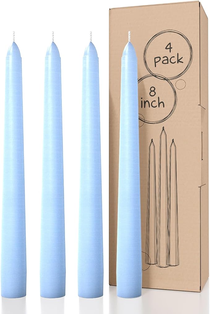 CANDWAX 8 inch Light Blue Taper Candles Set of 4 - Unscented Smokeless Dripless Tapers for Dinner Table, Home Decor, Easter Decor, Party, Wedding and Ordinary Dinners - Spring Candles