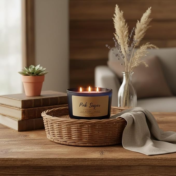Wicks & Wine Soy Blend 3-Wick Cotton CORE Candle 14oz (Pink Sugar)