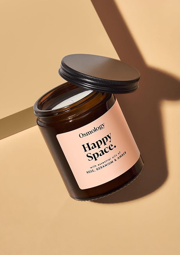 Happy Space Aromatherapy Candle – Rose, Geranium & Jasmine Scented Candle, Plant-Based Wax in Amber Apothecary Jar, 7 oz, 45 Hour Burn Time, Uplifting & Relaxation Candle