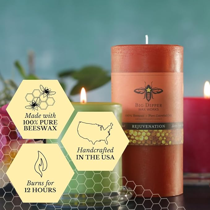 Big Dipper Wax Works Beeswax Aromatherapy Candle, Rejuvenation, Pillar Candle, Sweet Orange & Clove Bud Scented, 40-Hour Burn, Pure Essentail Oils, 2" x 4.75"