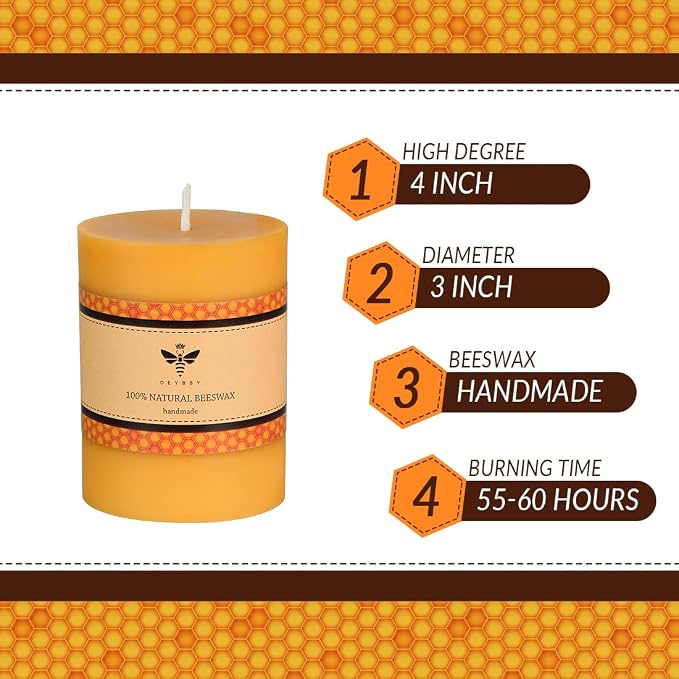 DEYBBY 3x4 inch Natural Beeswax Pillar Candle for Women, Smokeless Dripless Pure Organic Beeswax Candle with Natural Scent for Blackout Home Decoration Bath Relaxation（Yellow）