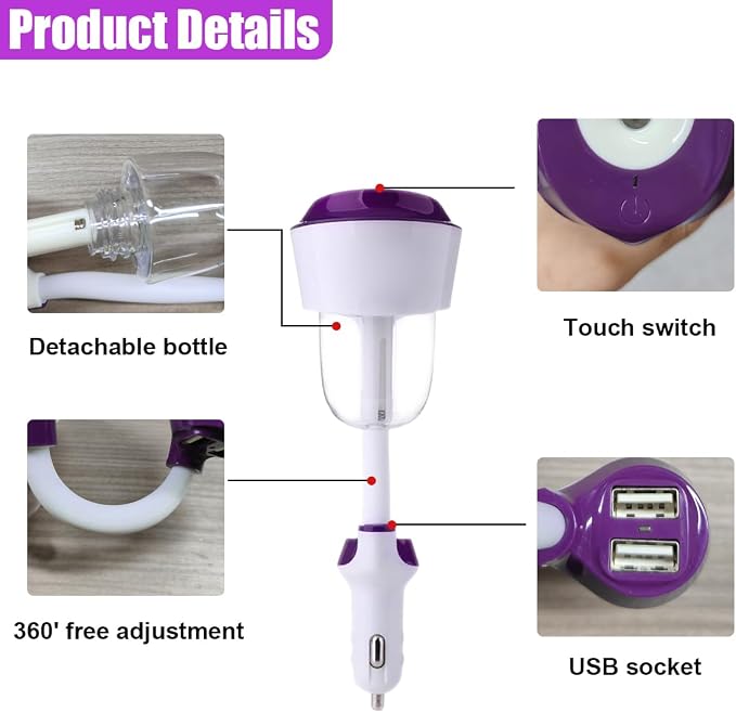 Car Humidifier, Portable Mini Aromatherapy Essential Oil Diffuser, 360-Degree Rotation Cool Mist Humidifier, Vehicle Air Freshener Diffuser with 12V Charging Port for Home Office (Purple)
