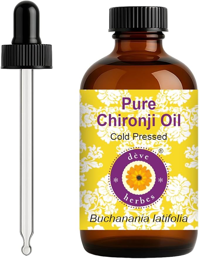 dève herbes Chironji Oil (Buchanania latifolia) with Glass Dropper | Cold Pressed | Pure | Natural | For Diluting Essential oils | For Skin & Massage | Non-Sticky | Lightweight | Unisex | 120ml (4 oz)