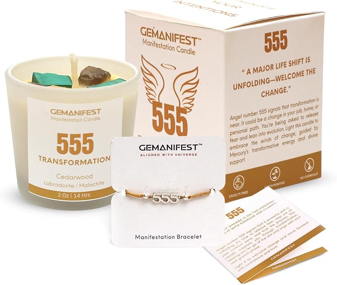 Angel Number 555 Manifestation Candle Crystal Infused Soy Wax with Labradorite and Malachite Cedarwood Scented Spiritual Gift for Transformation and Energy Alignment