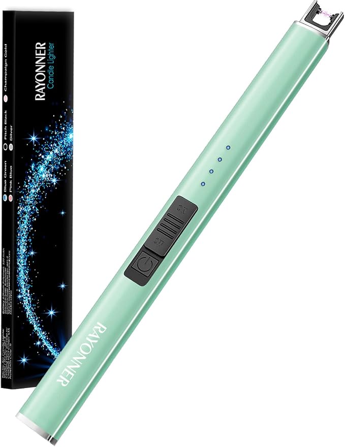 Electric Candle Lighter USB Rechargeable Plasma Arc Windproof Flameless with Safety Lock Ideal for Candle BBQ Camping Birthday Housewarming Gifts for Women & Men (Green, 1 Count)